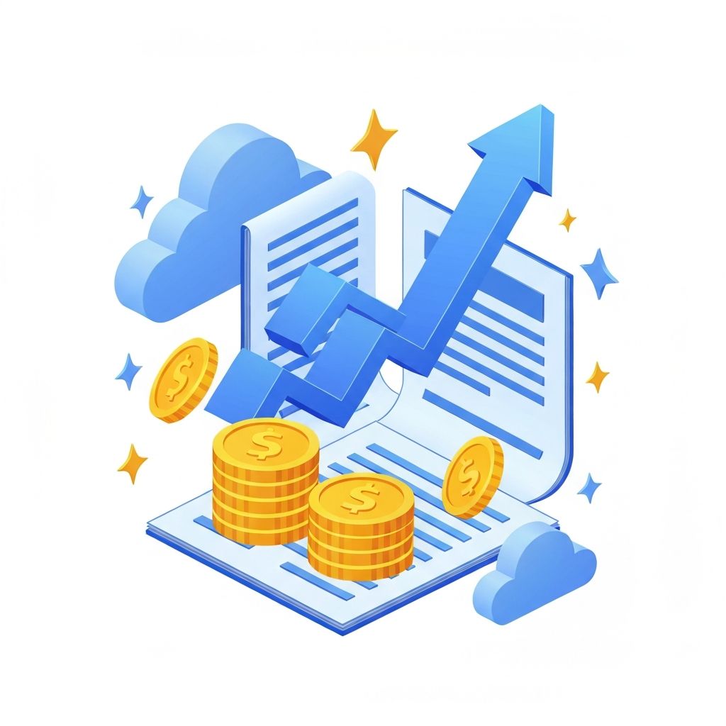 Illustration of financial growth with coins, arrow and documents